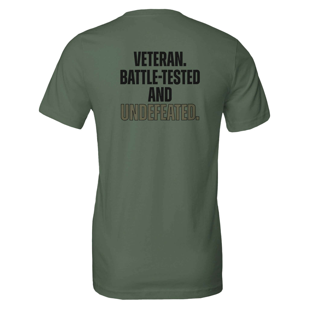 Army green 'Veteran Series: Battle Tested and Undefeated' unisex tee, back view displaying motivational text in black and gold letters.