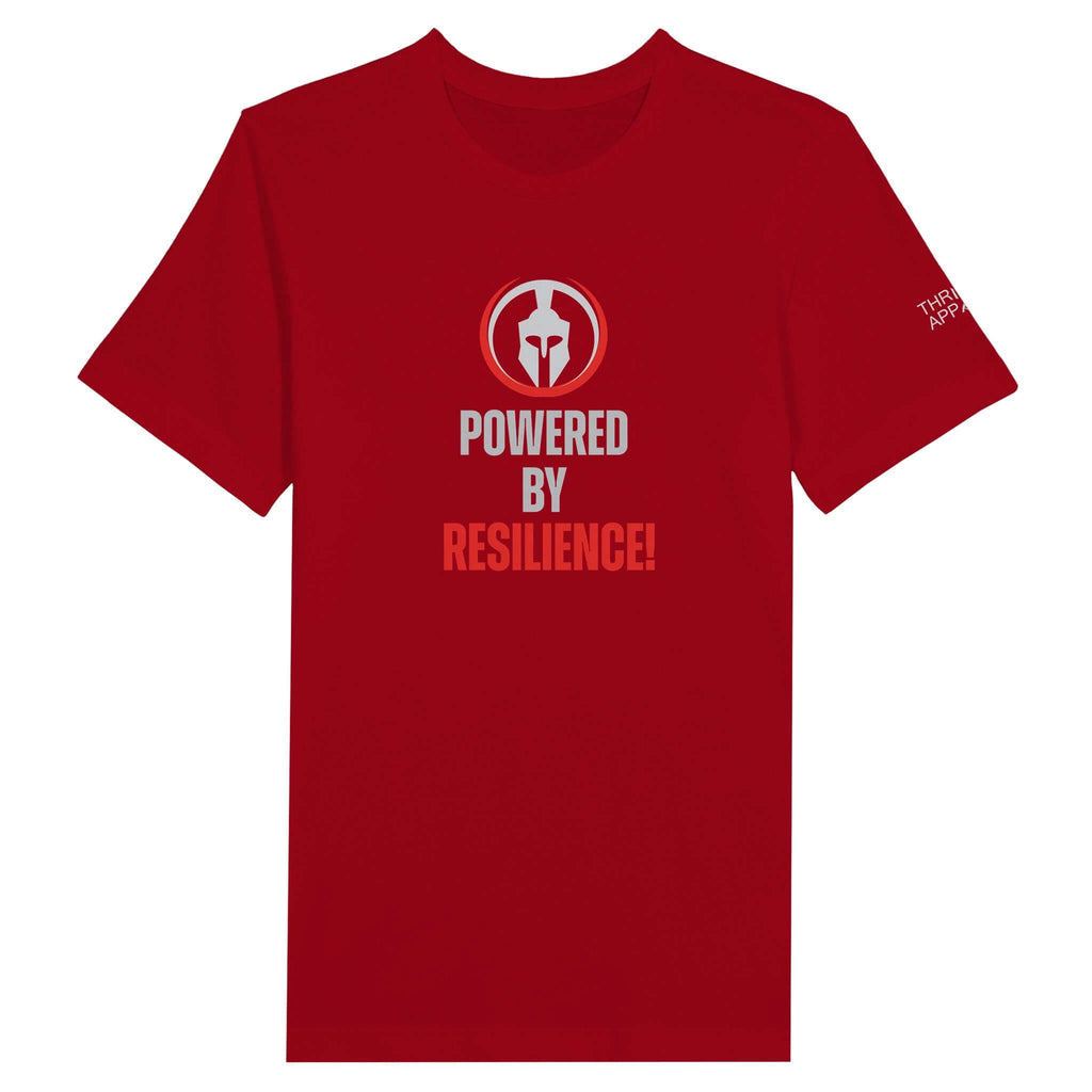 Red unisex t-shirt with "Powered by Resilience" message and Spartan helmet logo. Perfect motivational apparel for those facing challenges.