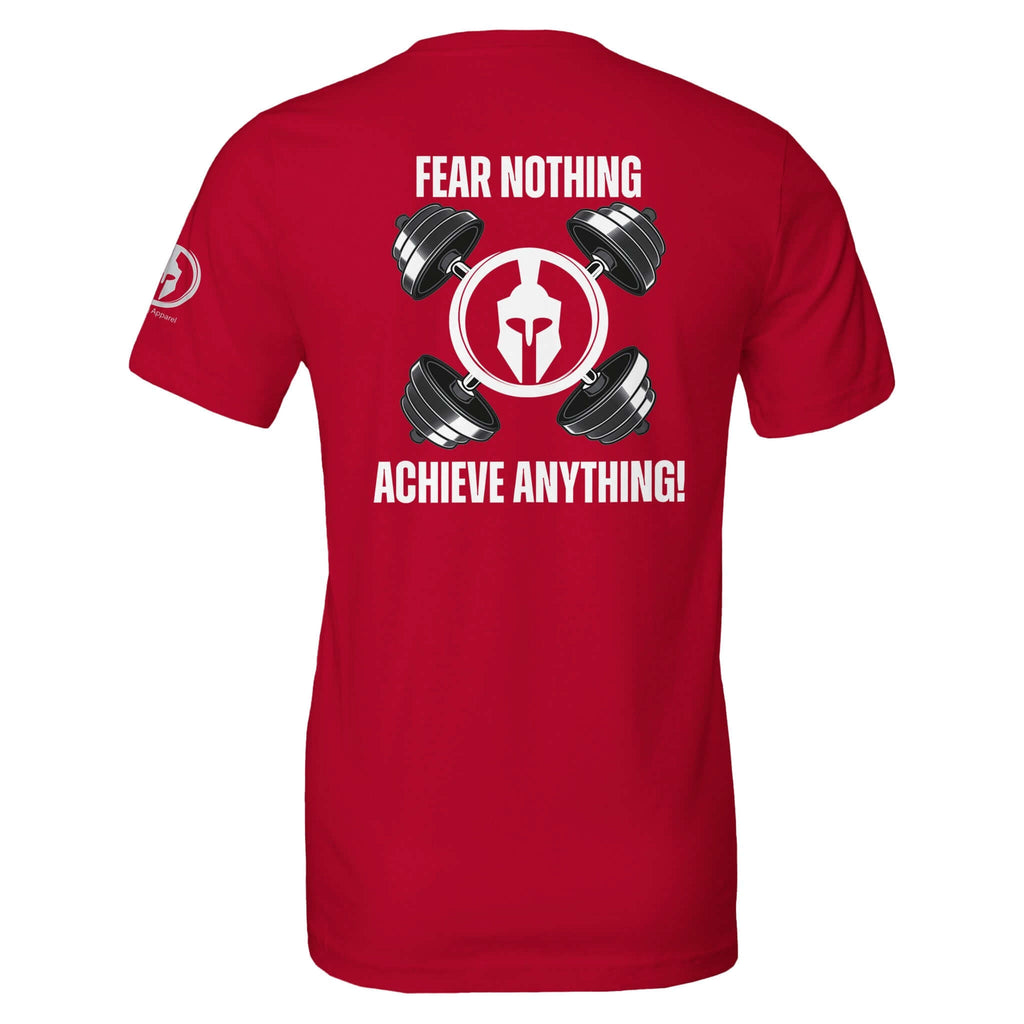 Red Perform Series tee with 'Fear Nothing. Achieve Anything!' printed on the back, featuring a warrior helmet and dumbbells graphic.