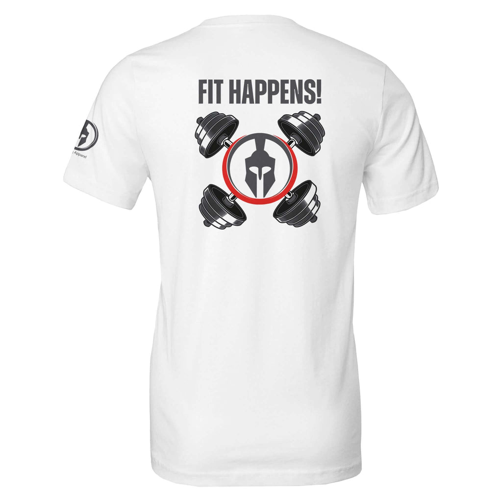 "Fit Happens Workout Tee with Spartan helmet and dumbbells design on the back, made from soft cotton, unisex fit"