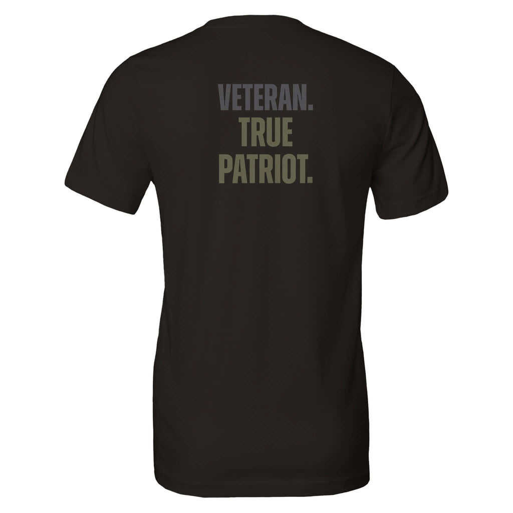 Black t-shirt with the words "Veteran. True Patriot." printed on the back, made from 100% Airlume combed and ring-spun cotton.