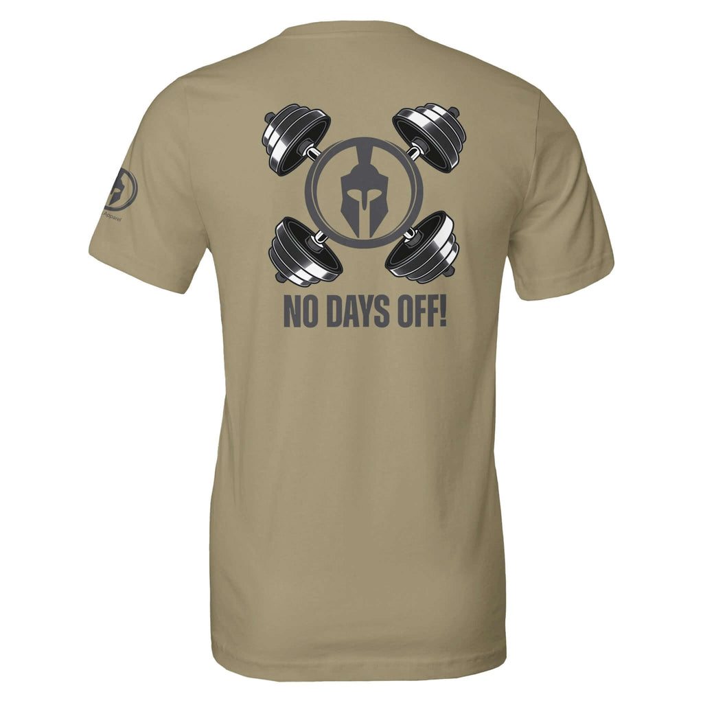 Back view of 'No Days Off!' tee in khaki color with dumbbell and helmet graphic for fitness enthusiasts.