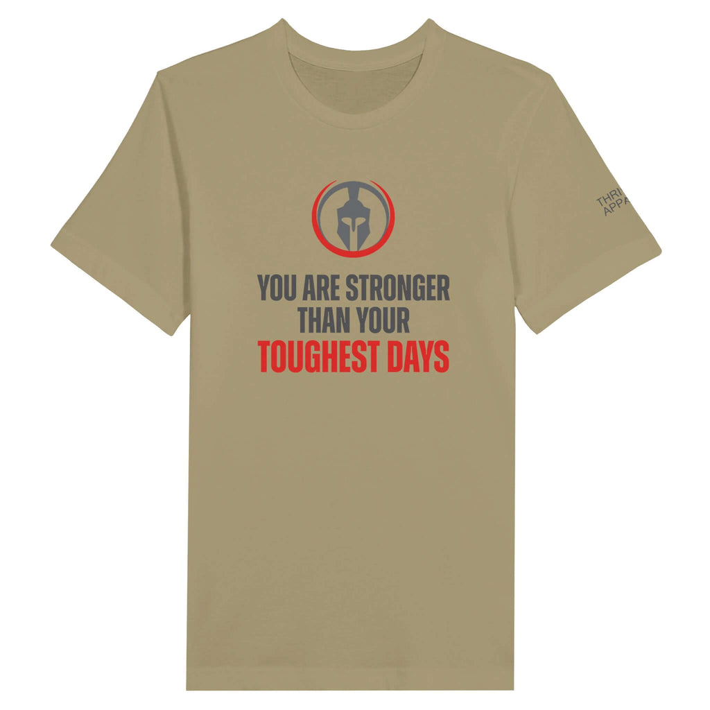 Premium Unisex Crewneck T-shirt with Spartan logo and message "You Are Stronger Than Your Toughest Days"