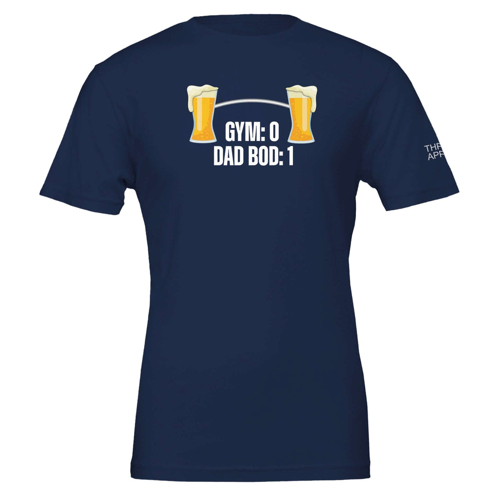 Navy blue 'Gym: 0 Dad Bod: 1' T-shirt with beer glasses graphic, fun and comfortable casual wear for men celebrating their dad bods.