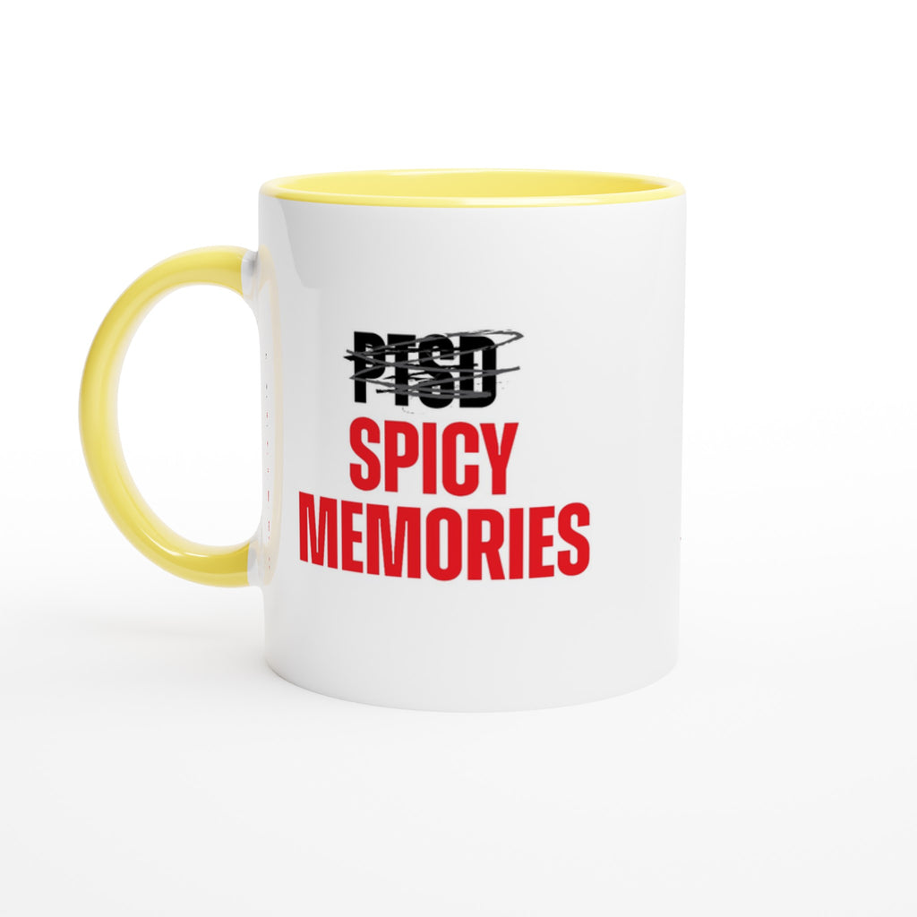 "Spicy Memories 11 oz mug with yellow handle and rim, bold statement ceramic mug, dishwasher and microwave safe, white print area"