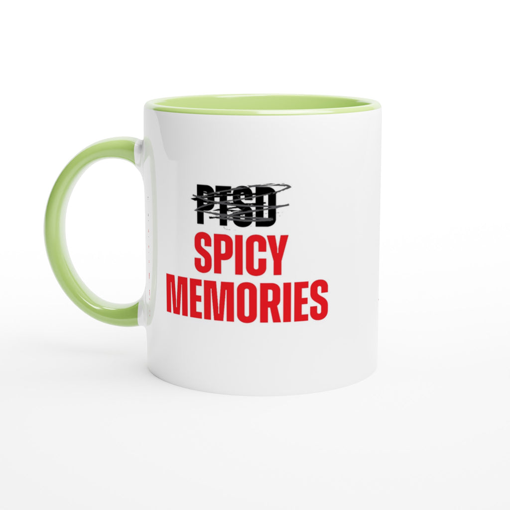 "Spicy Memories" 11 oz ceramic mug with colored handle and rim, dishwasher and microwave safe, white print area