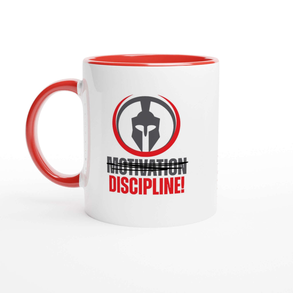 Motivation and Discipline 11 oz ceramic mug with red rim, handle, and interior. Dishwasher and microwave safe.