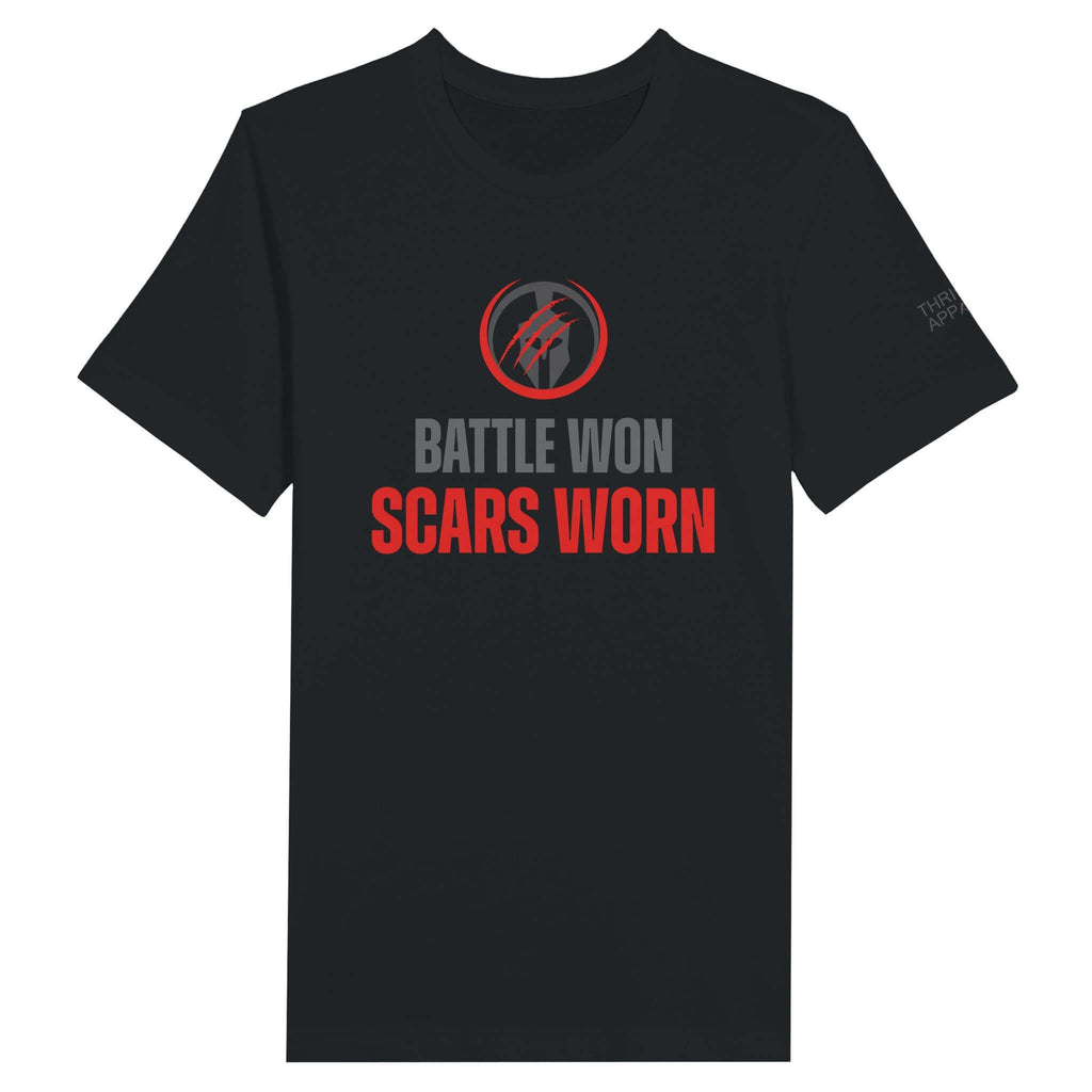 "Battles Won Scars Worn - Premium Unisex Crewneck T-shirt with Spartan logo and resilient motif on black fabric"