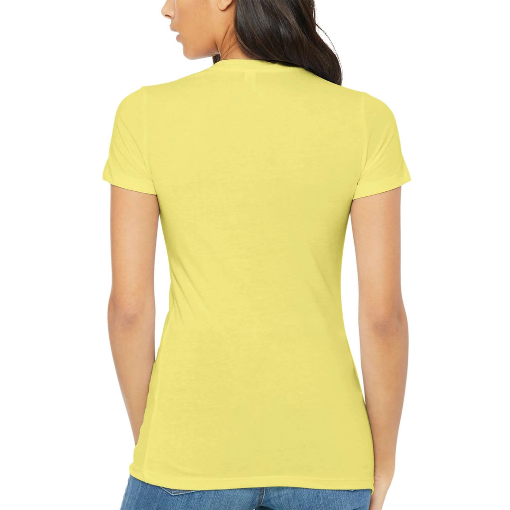 Woman wearing yellow fitted premium women's tee, back view, showcasing slim feminine fit and short sleeves.