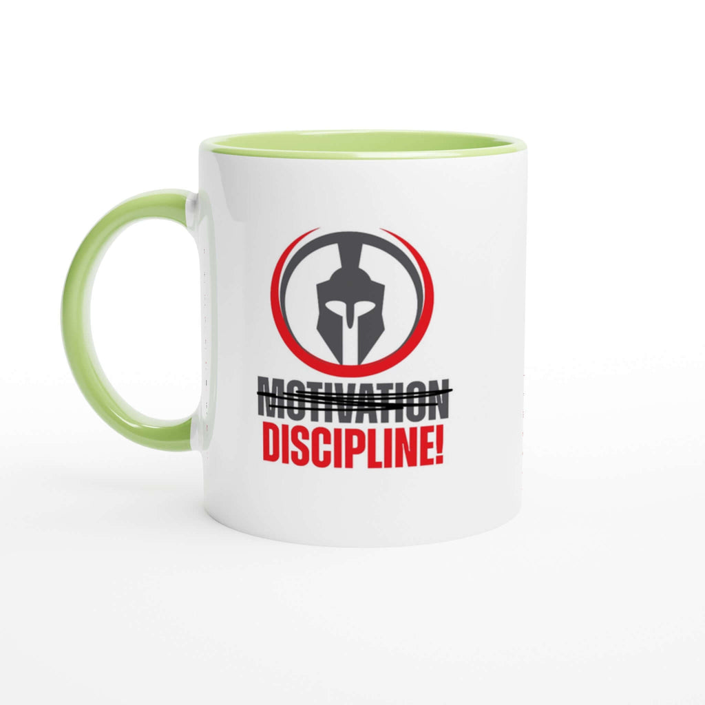 "Motivation. Discipline." 11oz ceramic mug with colored rim, handle, and inside, dishwasher and microwave safe, white print area with warrior graphic