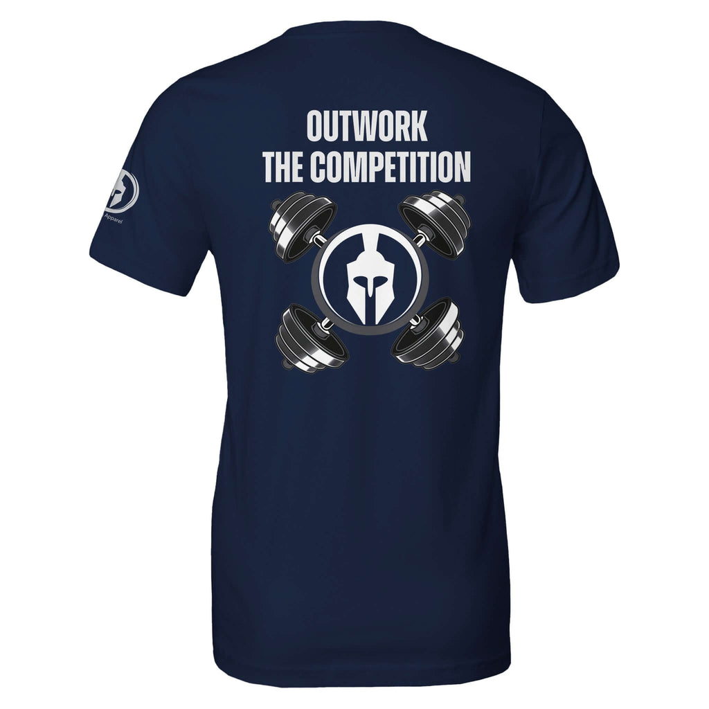 Perform Series shirt with "Outwork the Competition" slogan, Spartan helmet, and dumbbells on the back; built for gym enthusiasts pushing limits.