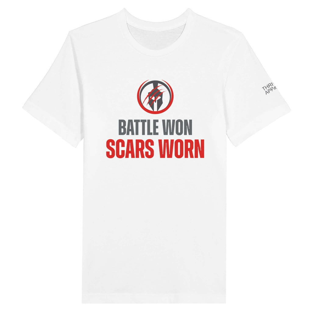 Battles Won Scars Worn - Premium Unisex Crewneck T-shirt featuring Spartan logo, symbolism of triumph over adversity, white background