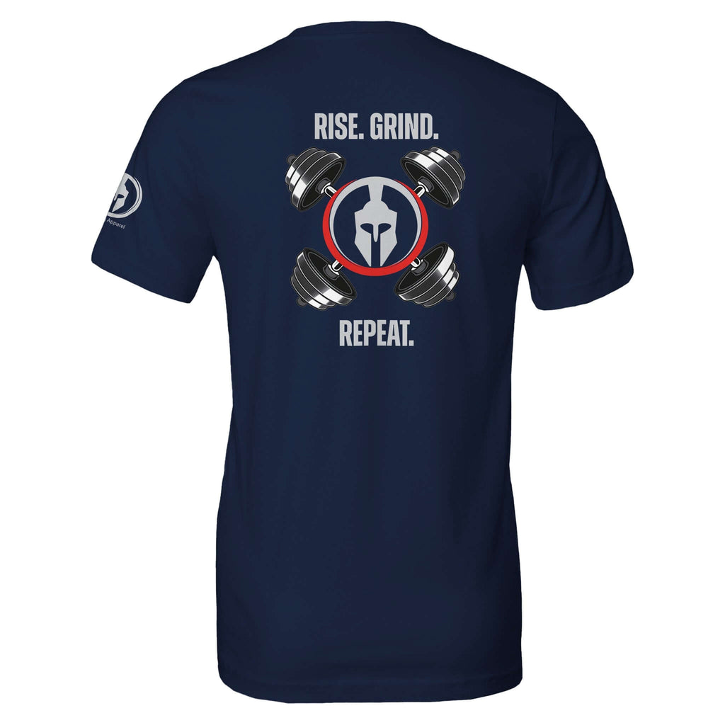 "Perform Series: Rise. Grind. Repeat. Tee in navy blue with weights and Spartan helmet design, perfect for gym workouts or daily challenges"