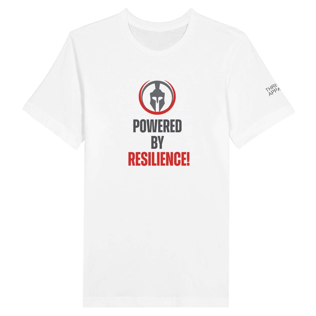 Premium unisex t-shirt "Powered by Resilience" design, white shirt with Spartan helmet logo, motivational apparel for strength and determination