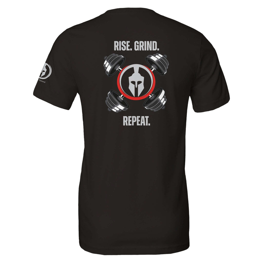 Black tee with "Rise. Grind. Repeat." and gym-themed design on back, perfect for dedication and effort in gym or daily challenges.