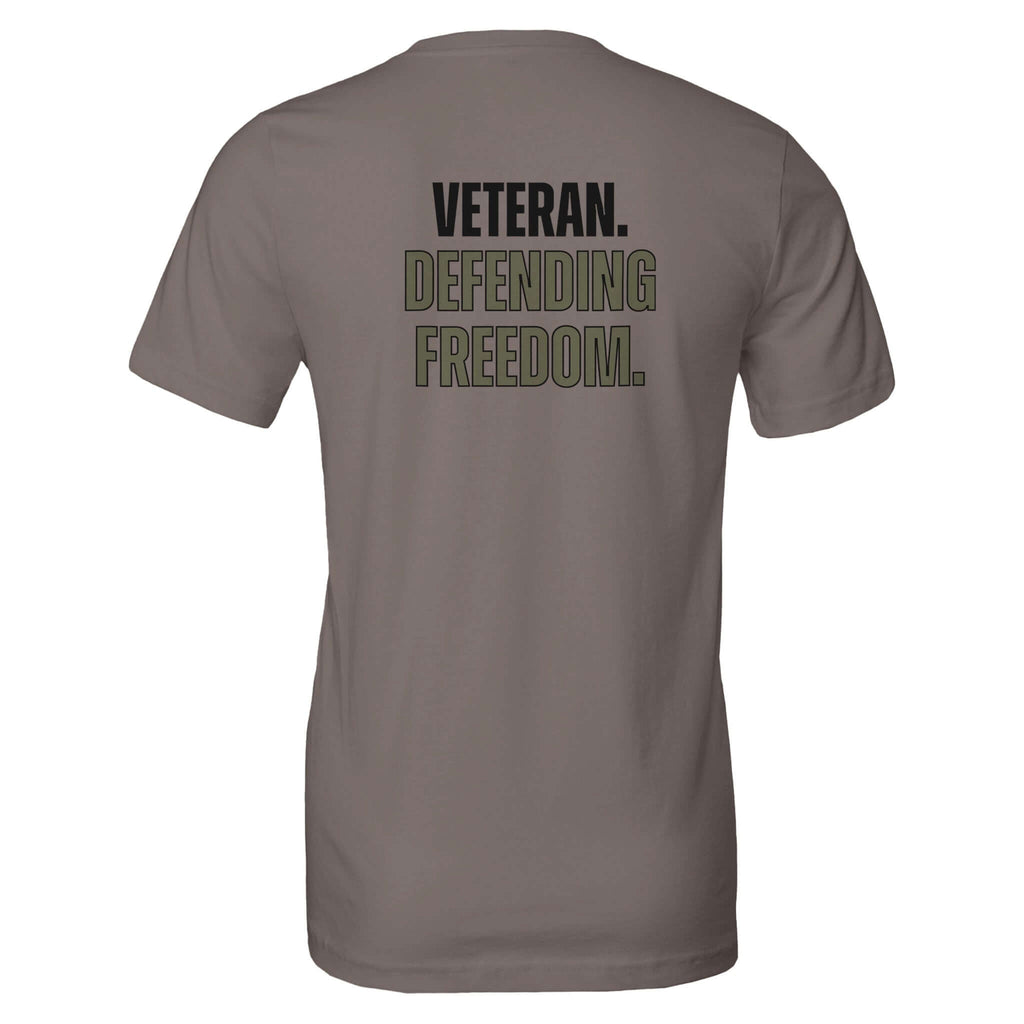 Veteran Series tee with 'Defending Freedom' text on back, 100% Airlume cotton, unisex tailored fit, premium soft feel.