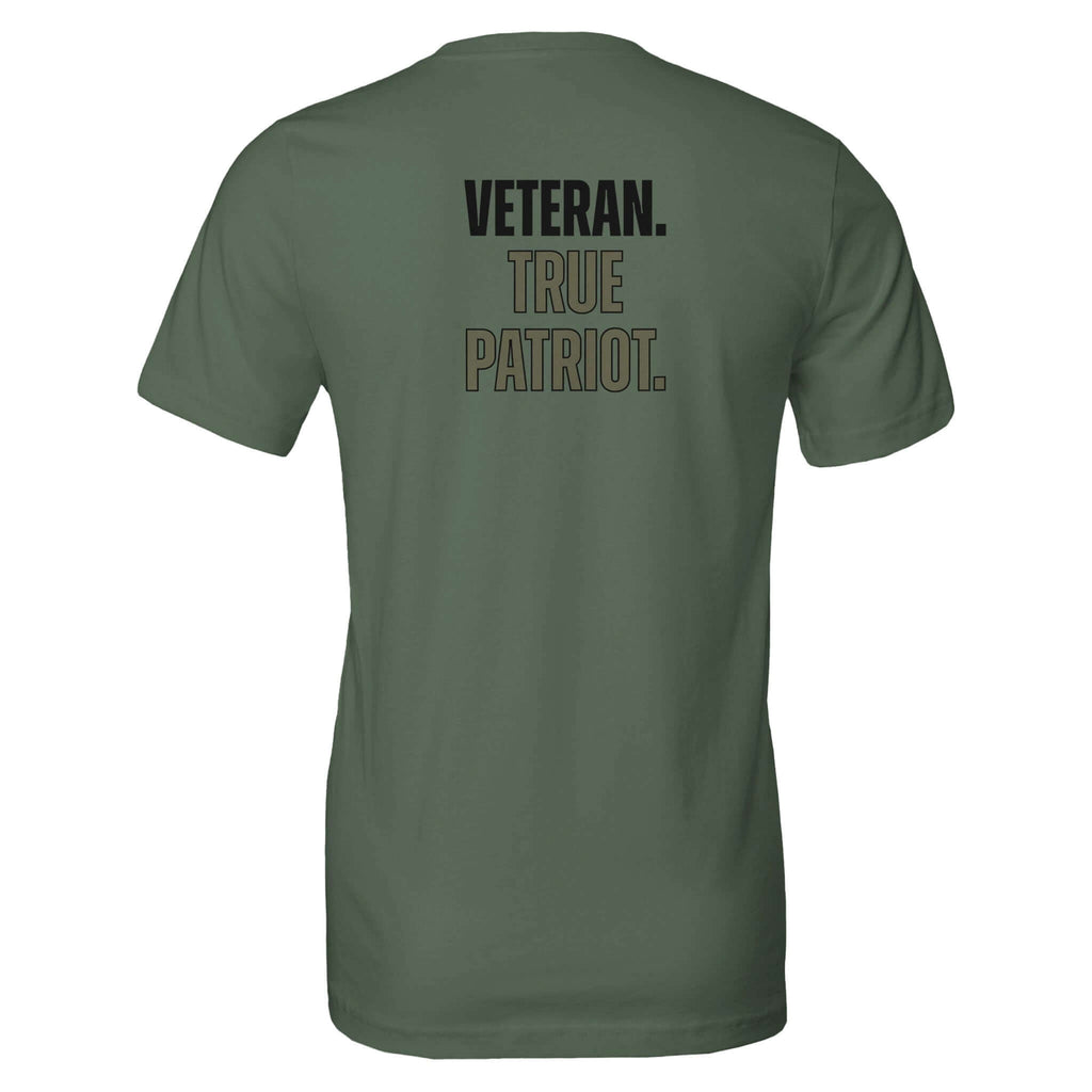 Olive green unisex tee with "Veteran. True Patriot." text on the back, made from 100% Airlume combed and ring-spun cotton.