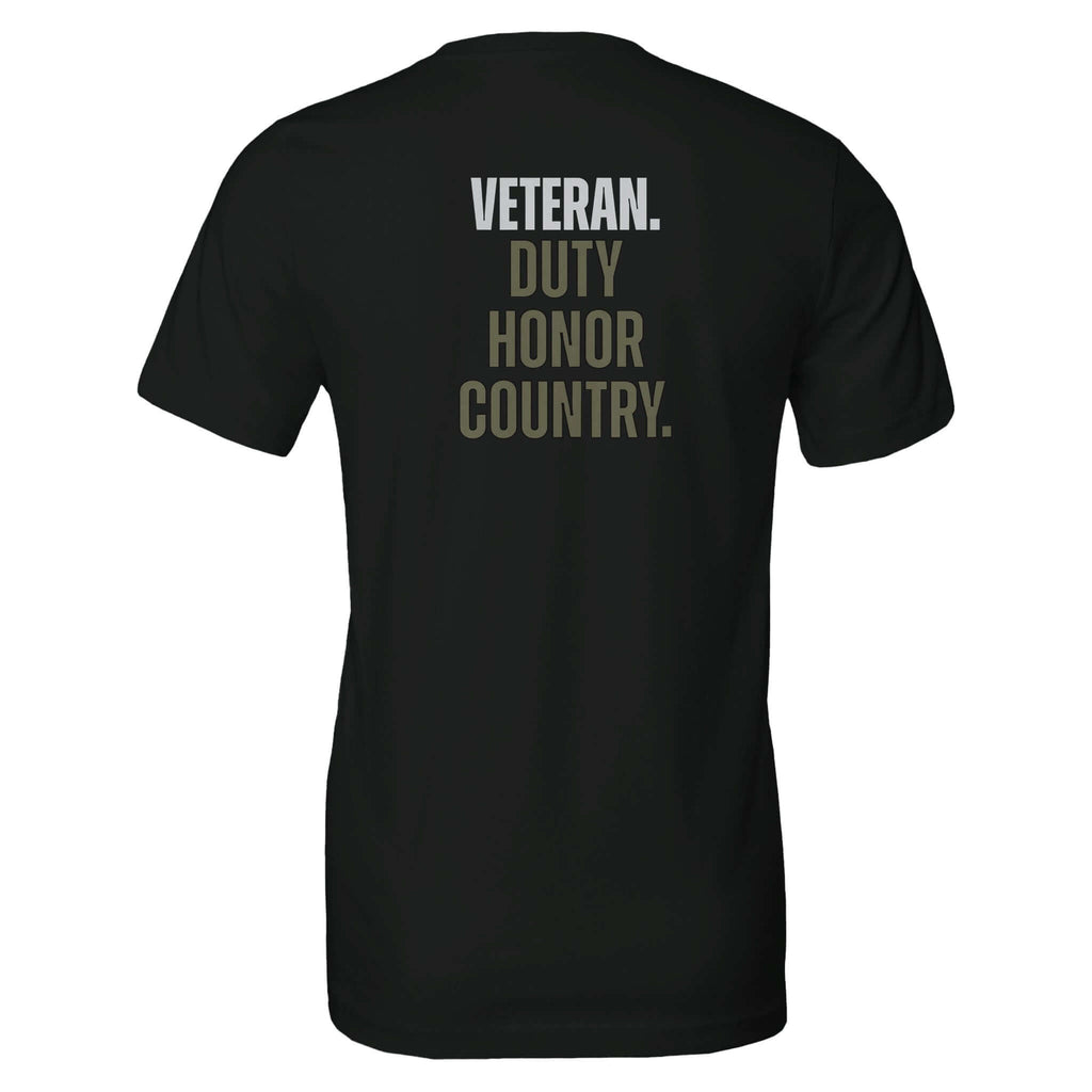 Veteran Collection: Duty Honor Country black tee shirt honoring veterans with soft, durable fabric.