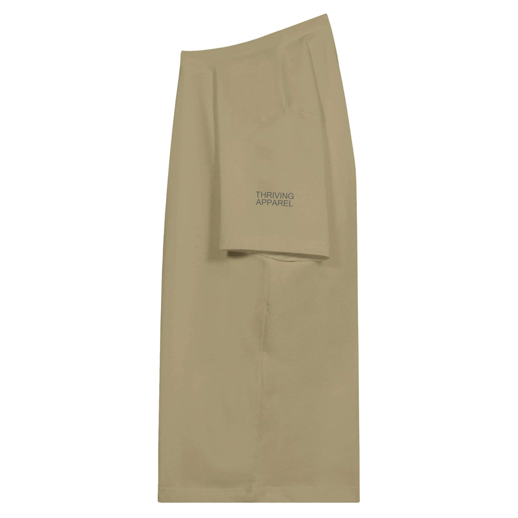 Khaki long skirt by Thriving Apparel, folded view.