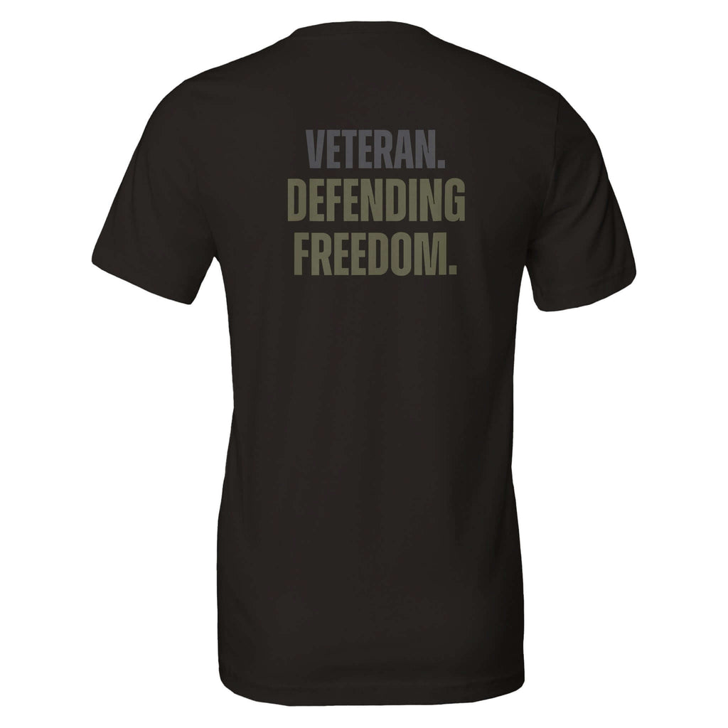 Black unisex t-shirt with "Veteran. Defending Freedom." text on the back, made from 100% Airlume combed and ring-spun cotton.