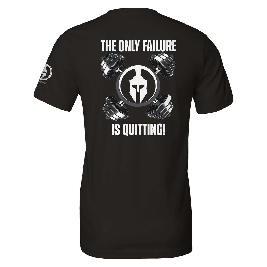 Black t-shirt with 'The Only Failure is Quitting' and Spartan graphic, designed for gym enthusiasts and promoting persistence.