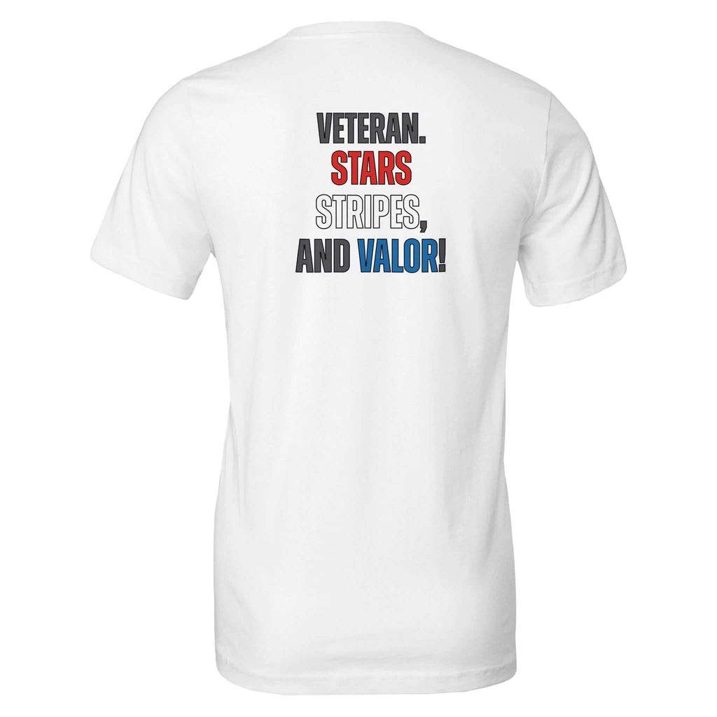 White tee with "Veteran: Stars, Stripes, and Valor" design in red, white, and blue text on the back.