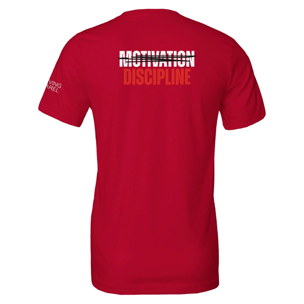 Red rear print t-shirt with "Motivation vs Discipline" design - Elevate your style and mindset with this Back to Basics garment.