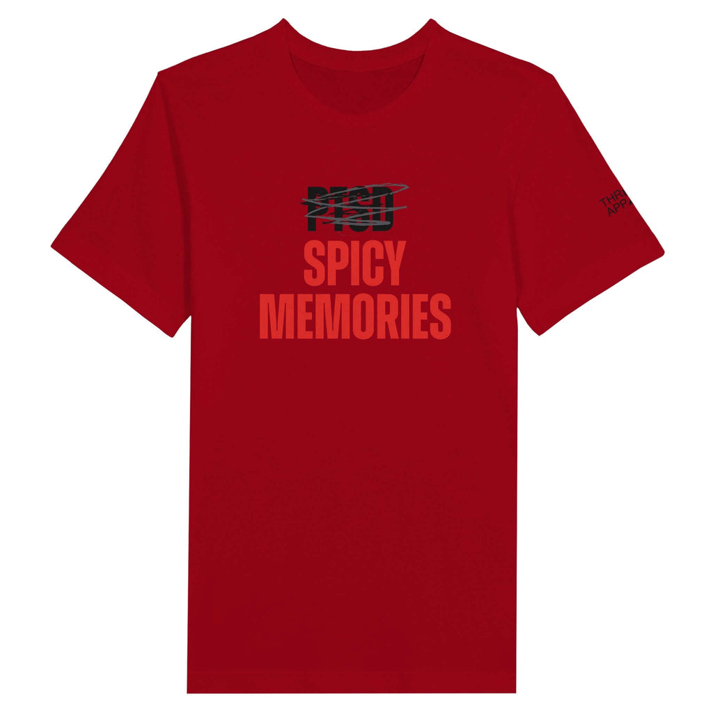 Red crewneck t-shirt from Men's Collection with "PTSD" scratched out and "Spicy Memories" printed, symbolizing resilience and humor.