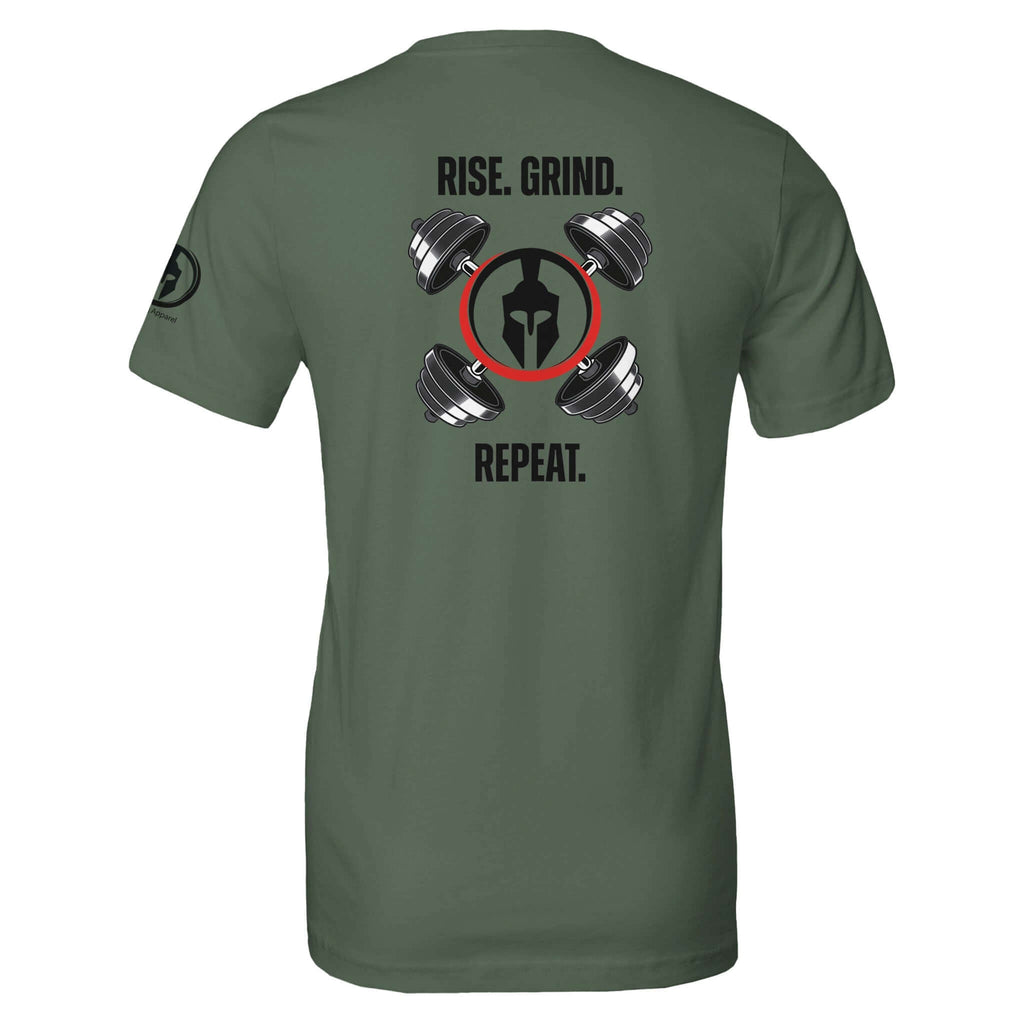 Back view of green Rise. Grind. Repeat. Tee with gym weights and helmet design.