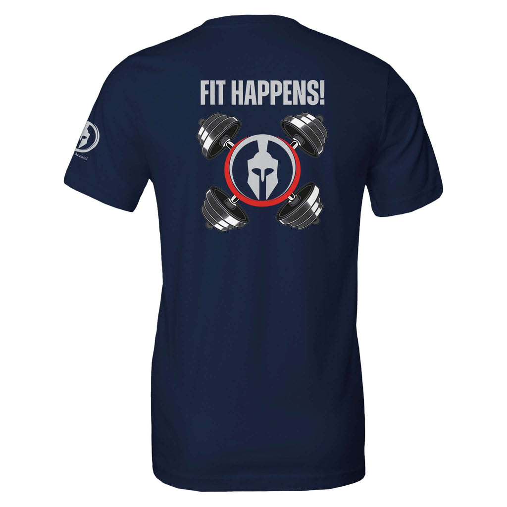 Navy blue "Fit Happens" Workout Tee with graphic of weights and helmet logo on the back.