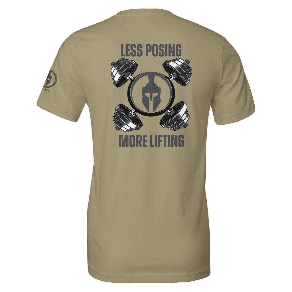 Beige t-shirt with "Less Posing More Lifting" slogan and dumbbell graphic on the back, inspiring relentless workout drive.