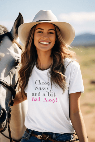 Woman wearing "Classy, Sassy, and a Bit Bad-Assy" premium women's tee with a horse outdoors