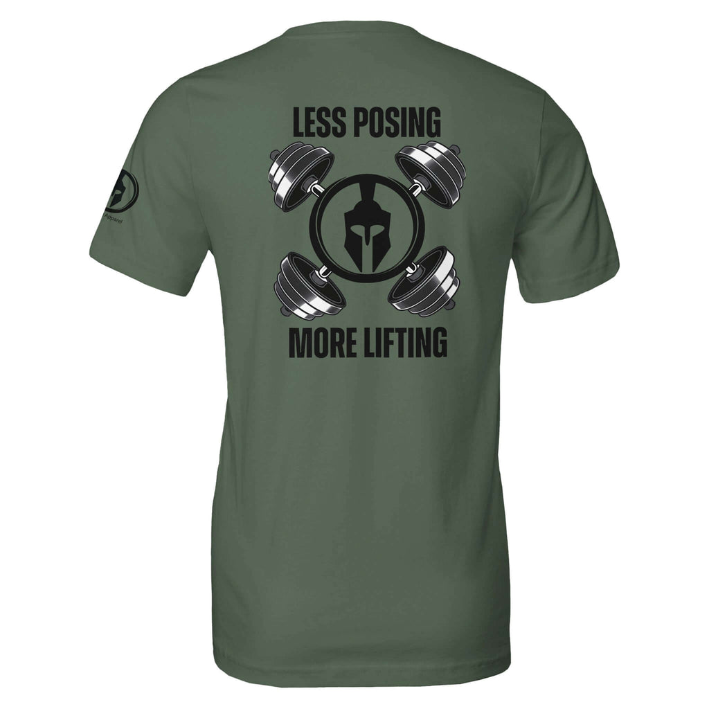 Back of green "Less Posing More Lifting" workout t-shirt with dumbbell design, inspired for relentless drive and everyday workouts.