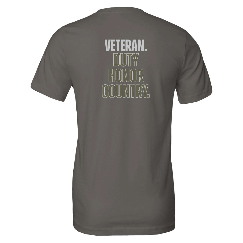 Veteran Collection Duty Honor Country tee, back view. Durable, soft garment celebrating veterans' values. Best for DTG printing.