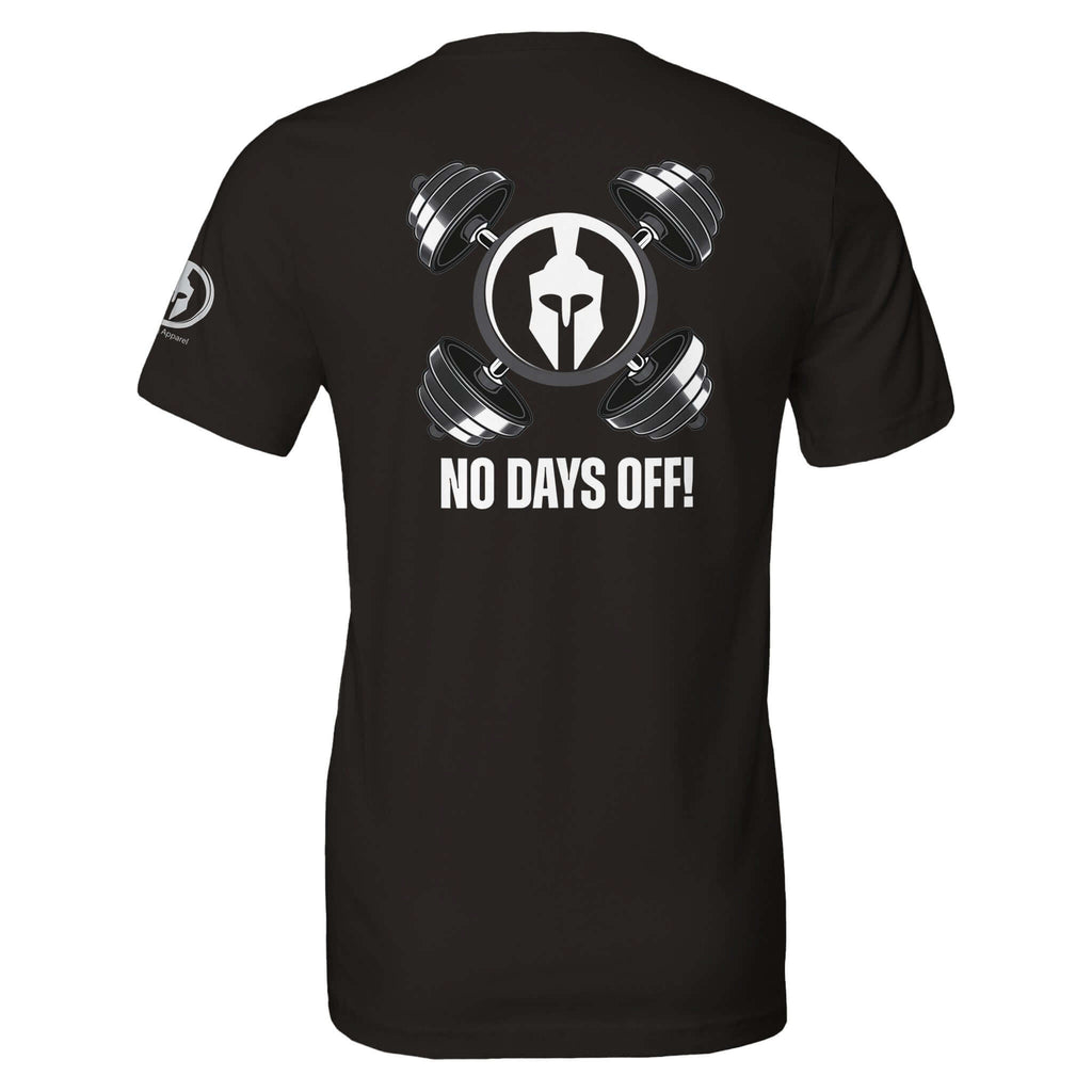 "Back view of 'No Days Off!' tee with weightlifting graphic and motivational text"