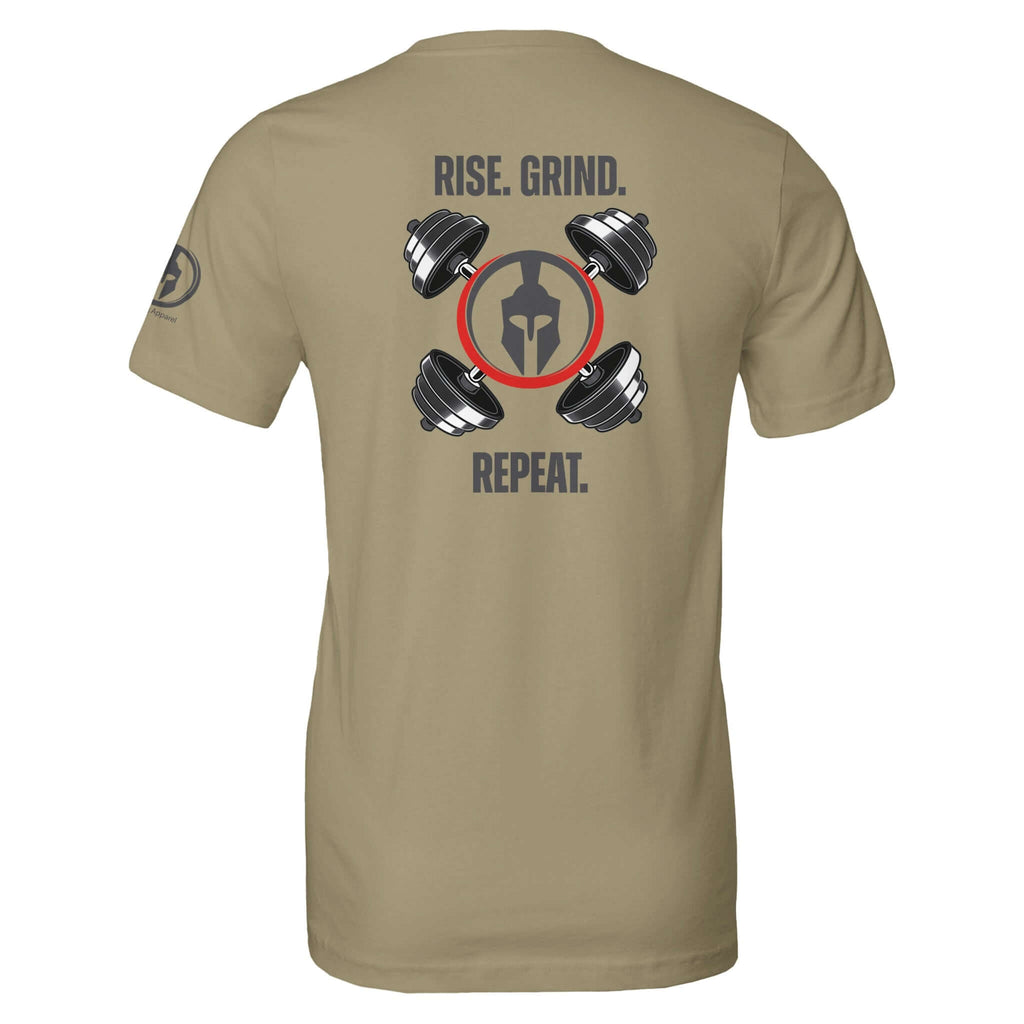 Khaki gym tee with "Rise. Grind. Repeat." slogan and dumbbell design on the back