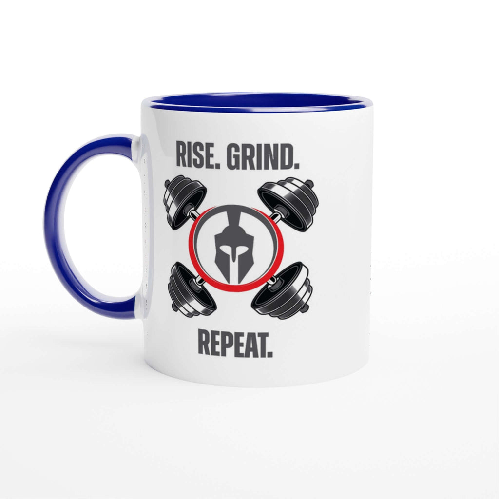 "Rise. Grind. Repeat." 11oz ceramic mug with motivational message and dumbbell illustration, blue handle and rim, white print area.