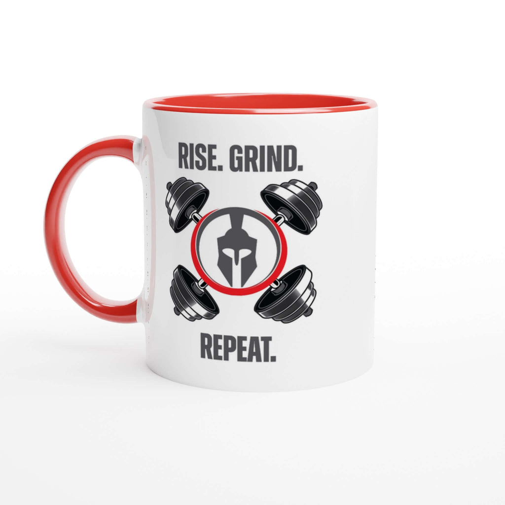 "Rise. Grind. Repeat." 11 oz ceramic mug with red rim, inside, and handle, featuring workout-themed design and motivational text