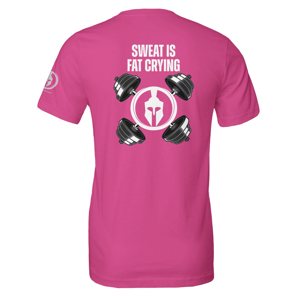 Pink fitness t-shirt with "Sweat is Fat Crying" slogan and dumbbell graphic, made from 100% Airlume combed and ring-spun cotton.