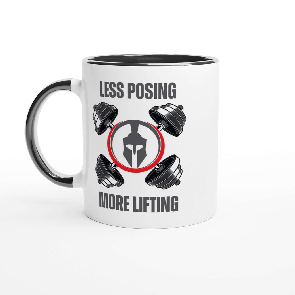 "Less Posing More Lifting" 11oz ceramic mug with dumbbell design, dishwasher and microwave safe, black rim, handle, and interior.