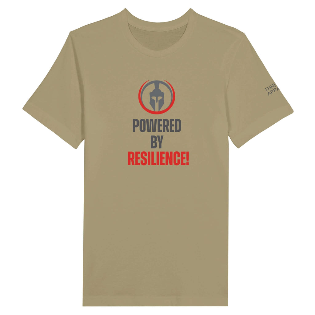 "Powered by Resilience" premium unisex t-shirt in khaki color designed for motivation and strength.