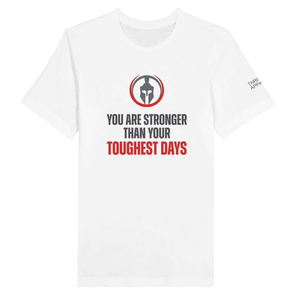 Premium unisex crewneck T-shirt with Spartan logo and "You Are Stronger Than Your Toughest Days" message, embodying resilience and determination