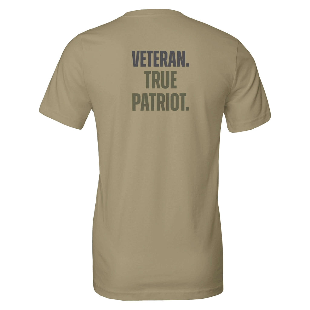 back view of beige t-shirt with "Veteran. True Patriot." text, soft 100% Airlume cotton, side-seamed unisex fit