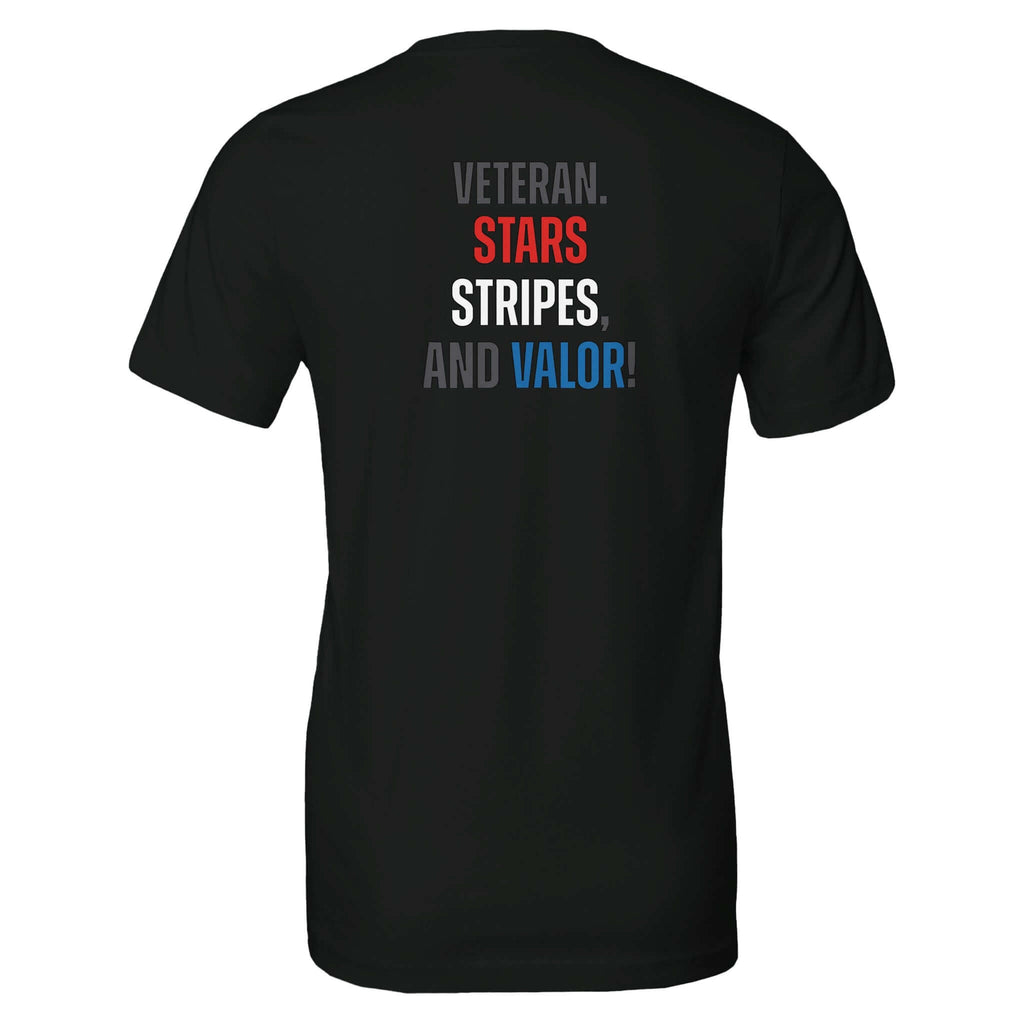 Veteran Collection Tee with Stars, Stripes, and Valor design on black fabric, honoring bravery and patriotism, shown from the back.