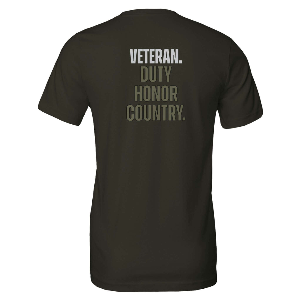 Back view of Veteran: Duty Honor Country tee shirt honoring veterans' core values of service, duty, honor, and country