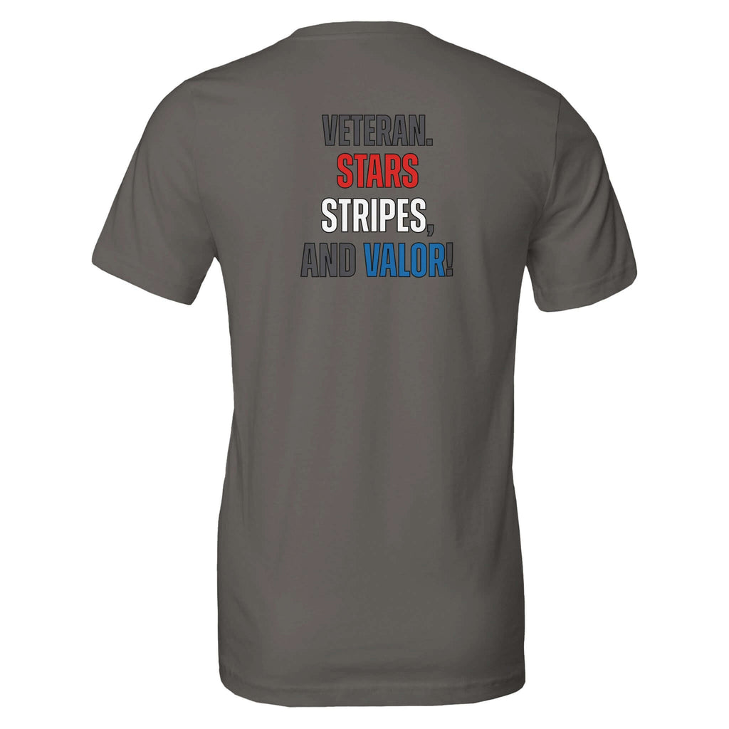 "Veteran Collection Tee featuring Stars, Stripes, and Valor design on back in patriotic colors"