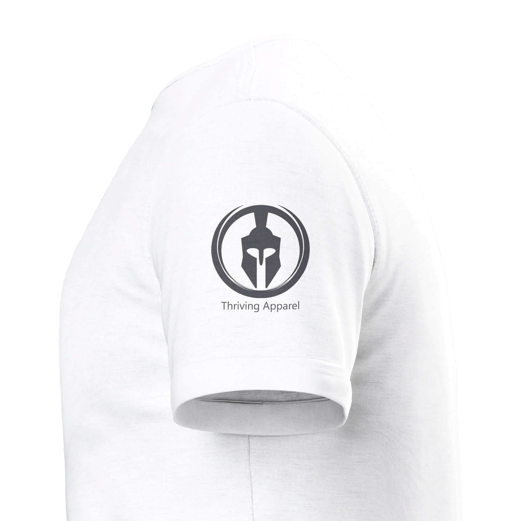 Perform Series 'No Days Off!' white tee with Thriving Apparel Spartan logo on sleeve