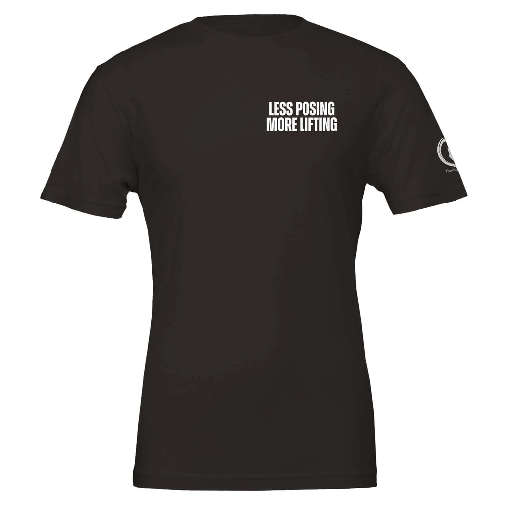 Black t-shirt with "Less Posing More Lifting" slogan, ideal for workout inspiration and DTG printing, soft and durable fabric.