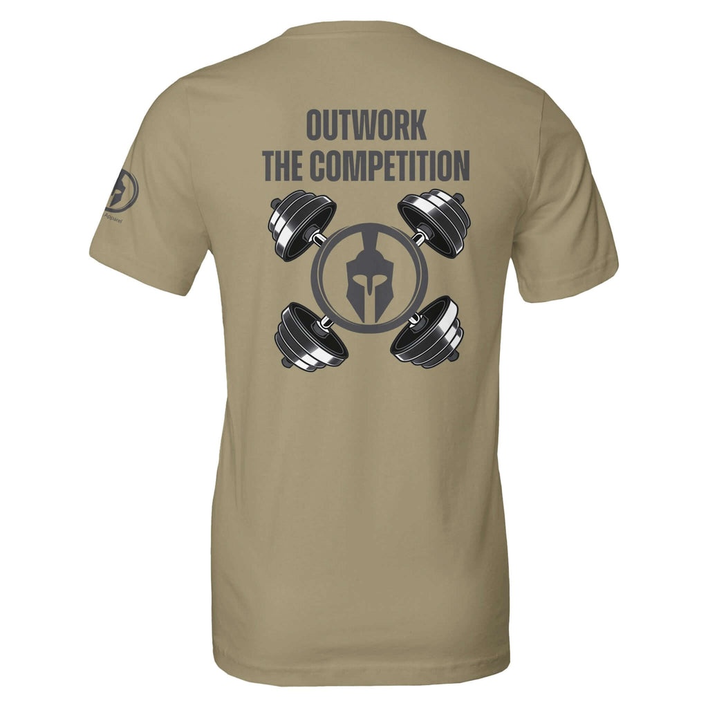 Perform Series shirt with "Outwork the Competition" slogan and Spartan spirit design, ideal for high achievers in the gym.