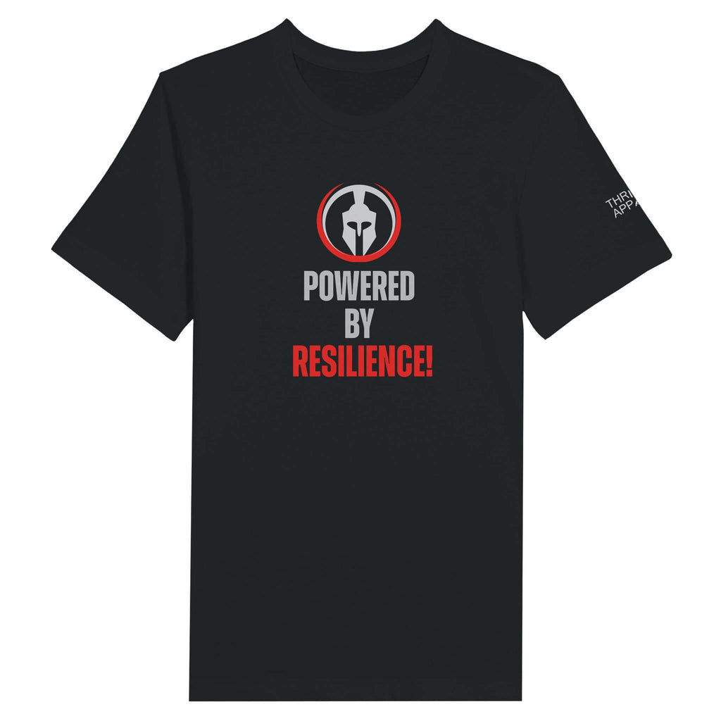 Premium unisex black T-shirt with "Powered by Resilience" text and graphic logo in silver and red.